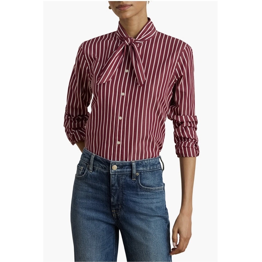 Lauren Ralph Lauren Stripe Cotton Tie Neck Button-Up Shirt Size US 2